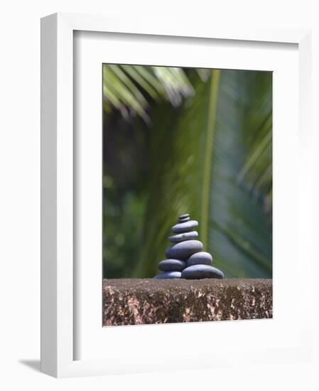 Stones Balanced on Rock, Palm Trees in Background, Maldives, Indian Ocean-Papadopoulos Sakis-Framed Photographic Print