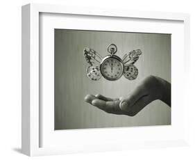 Stopwatch With Butterfly Wings Levitating Above Hand, Black And White, Slight Green Toning-foodbytes-Framed Art Print