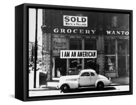 Store Sign Reads, "I am an American," After Pearl Harbor Attack, and "Sold", Following Evacuation-Dorothea Lange-Framed Stretched Canvas