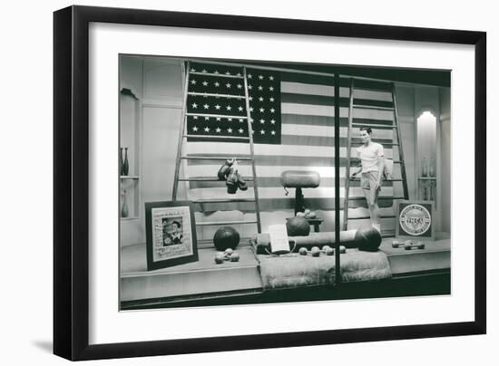 Store Window with Gym Equipment-null-Framed Premium Giclee Print