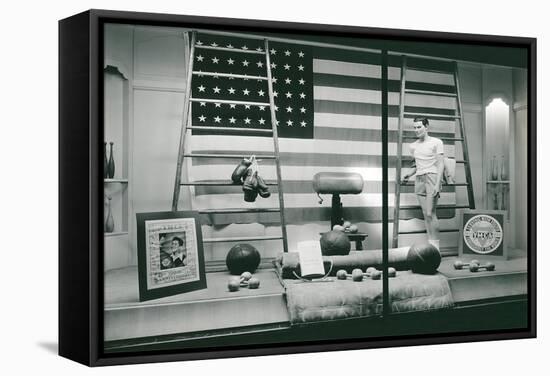 Store Window with Gym Equipment-null-Framed Stretched Canvas