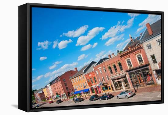 Storefronts line Water Street in Hallowell, Maine-null-Framed Stretched Canvas