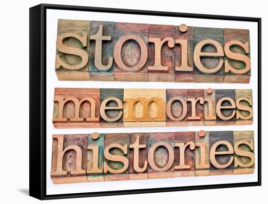 Stories, Memories, Histories Words-PixelsAway-Framed Stretched Canvas