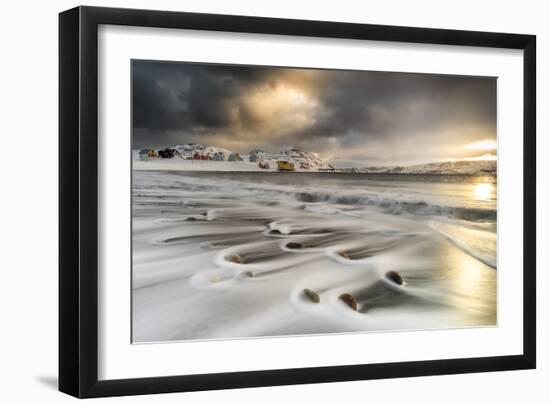 Storm clouds at dawn over waves of the Arctic icy sea, Veines, Kongsfjord-Roberto Moiola-Framed Photographic Print