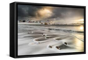 Storm clouds at dawn over waves of the Arctic icy sea, Veines, Kongsfjord-Roberto Moiola-Framed Stretched Canvas