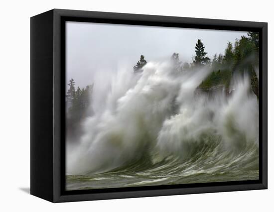 Storm Waves on Lake Superior Crashing on Minnesota Shoreline-Layne Kennedy-Framed Stretched Canvas