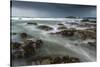 Stormy conditions on the rocky Bantham coast in autumn, looking across to Burgh Island, Devon-Adam Burton-Stretched Canvas