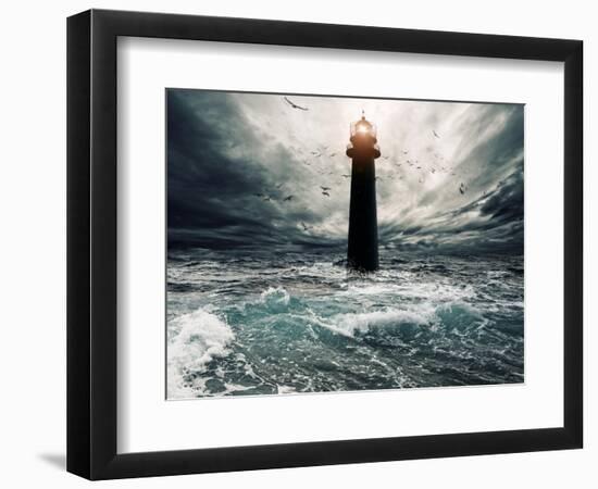 Stormy Sky Over Flooded Lighthouse-NejroN Photo-Framed Art Print