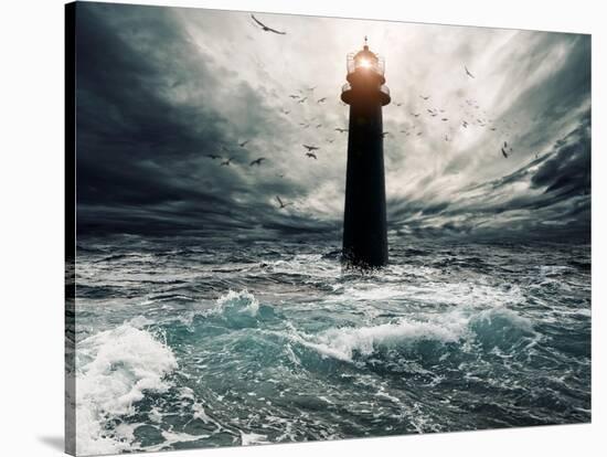 Stormy Sky Over Flooded Lighthouse-NejroN Photo-Stretched Canvas