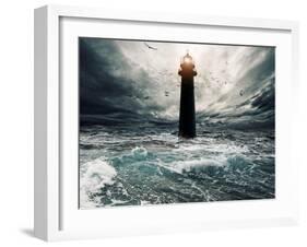 Stormy Sky Over Flooded Lighthouse-NejroN Photo-Framed Art Print