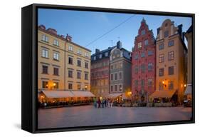 Stortorget Square Cafes at Dusk, Gamla Stan, Stockholm, Sweden, Scandinavia, Europe-Frank Fell-Framed Stretched Canvas