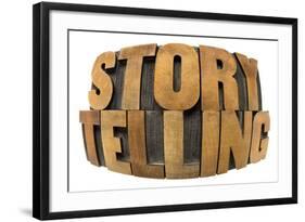 Storytelling Word in Fisheye Lens Perspective - Isolated Text in Letterpress Wood Type-PixelsAway-Framed Art Print