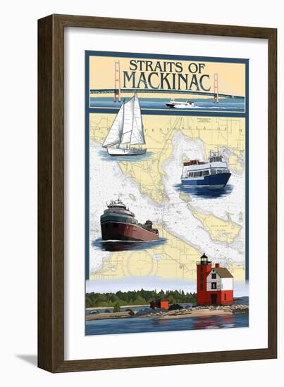 Straits of Mackinac, Michigan - Nautical Chart-Lantern Press-Framed Art Print