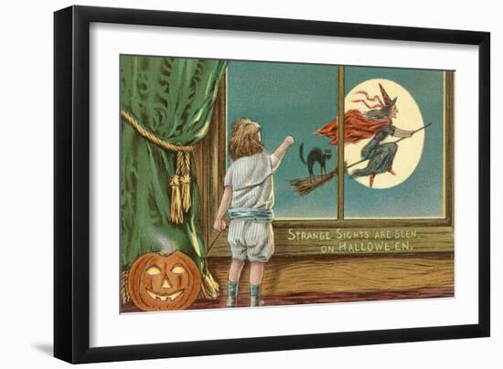 Strange Sights Are Seen on Halloween, Witch from Window-null-Framed Art Print