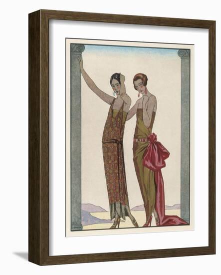 Strapless Gold Dress Draped up Over One Hip and Tied with a Large Sash Bow Which Creates a Train-Georges Barbier-Framed Photographic Print