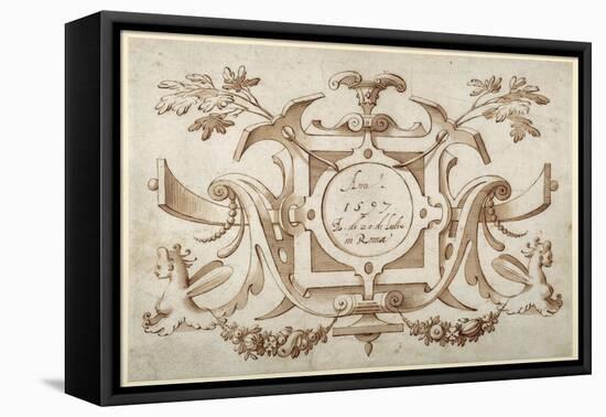 Strapwork Cartouche Associated with the Set of His Roman Views (Pen and Brown Ink with Brown Wash o-Sebastian Vrancx-Framed Stretched Canvas