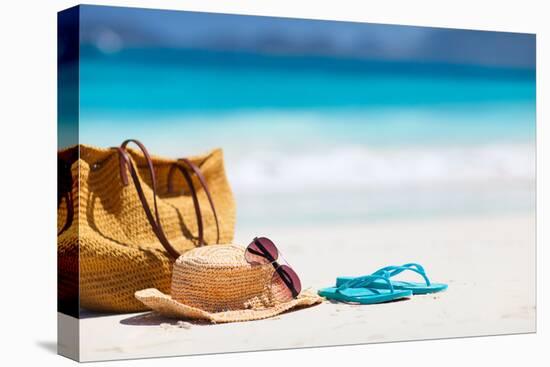 Straw Hat, Bag, Sun Glasses and Flip Flops on a Tropical Beach-BlueOrange Studio-Stretched Canvas