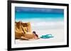 Straw Hat, Bag, Sun Glasses and Flip Flops on a Tropical Beach-BlueOrange Studio-Framed Photographic Print