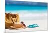 Straw Hat, Bag, Sun Glasses and Flip Flops on a Tropical Beach-BlueOrange Studio-Mounted Photographic Print