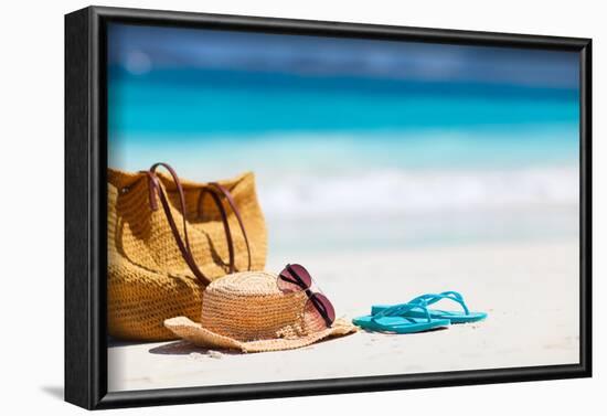 Straw Hat, Bag, Sun Glasses and Flip Flops on a Tropical Beach-BlueOrange Studio-Framed Photographic Print