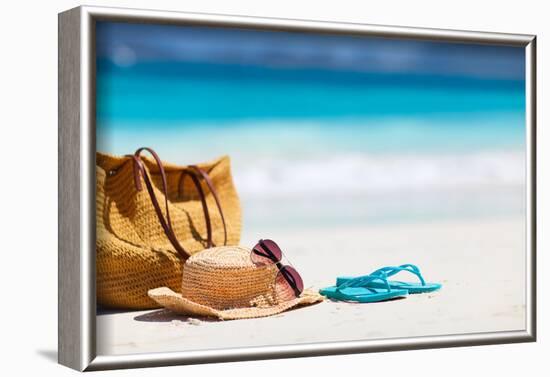 Straw Hat, Bag, Sun Glasses and Flip Flops on a Tropical Beach-BlueOrange Studio-Framed Photographic Print