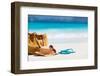 Straw Hat, Bag, Sun Glasses and Flip Flops on a Tropical Beach-BlueOrange Studio-Framed Photographic Print