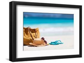 Straw Hat, Bag, Sun Glasses and Flip Flops on a Tropical Beach-BlueOrange Studio-Framed Photographic Print