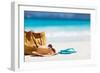 Straw Hat, Bag, Sun Glasses and Flip Flops on a Tropical Beach-BlueOrange Studio-Framed Photographic Print