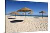 Straw umbrellas on empty white sand beach with clear sea behind, Ilha do Farol, Culatra Barrier Isl-Stuart Black-Stretched Canvas