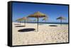 Straw umbrellas on empty white sand beach with clear sea behind, Ilha do Farol, Culatra Barrier Isl-Stuart Black-Framed Stretched Canvas