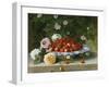 Strawberries in a Blue and White Buckelteller with Roses and Sweet Briar on a Ledge-William Hammer-Framed Giclee Print