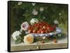 Strawberries in a Blue and White Buckelteller with Roses and Sweet Briar on a Ledge-William Hammer-Framed Stretched Canvas