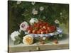 Strawberries in a Blue and White Buckelteller with Roses and Sweet Briar on a Ledge-William Hammer-Stretched Canvas