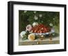 Strawberries in a Blue and White Buckelteller with Roses and Sweet Briar on a Ledge-William Hammer-Framed Giclee Print
