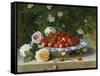 Strawberries in a Blue and White Buckelteller with Roses and Sweet Briar on a Ledge-William Hammer-Framed Stretched Canvas