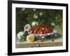 Strawberries in a Blue and White Buckelteller with Roses and Sweet Briar on a Ledge-William Hammer-Framed Giclee Print