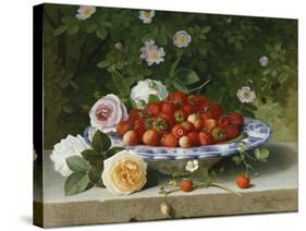 Strawberries in a Blue and White Buckelteller with Roses and Sweet Briar on a Ledge-William Hammer-Stretched Canvas
