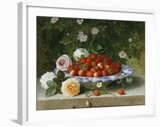 Strawberries in a Blue and White Buckelteller with Roses and Sweet Briar on a Ledge-William Hammer-Framed Giclee Print