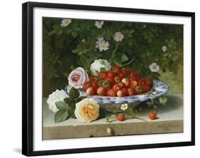 Strawberries in a Blue and White Buckelteller with Roses and Sweet Briar on a Ledge-William Hammer-Framed Giclee Print