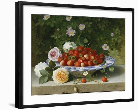 Strawberries in a Blue and White Buckelteller with Roses and Sweet Briar on a Ledge-William Hammer-Framed Giclee Print