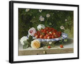 Strawberries in a Blue and White Buckelteller with Roses and Sweet Briar on a Ledge-William Hammer-Framed Giclee Print