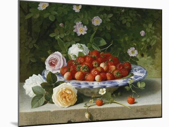 Strawberries in a Blue and White Buckelteller with Roses and Sweet Briar on a Ledge-William Hammer-Mounted Giclee Print