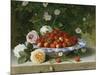 Strawberries in a Blue and White Buckelteller with Roses and Sweet Briar on a Ledge-William Hammer-Mounted Giclee Print