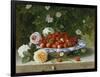 Strawberries in a Blue and White Buckelteller with Roses and Sweet Briar on a Ledge-William Hammer-Framed Giclee Print