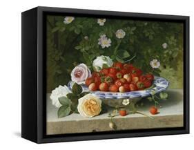 Strawberries in a Blue and White Buckelteller with Roses and Sweet Briar on a Ledge-William Hammer-Framed Stretched Canvas