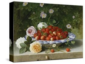 Strawberries in a Blue and White Buckelteller with Roses and Sweet Briar on a Ledge-William Hammer-Stretched Canvas