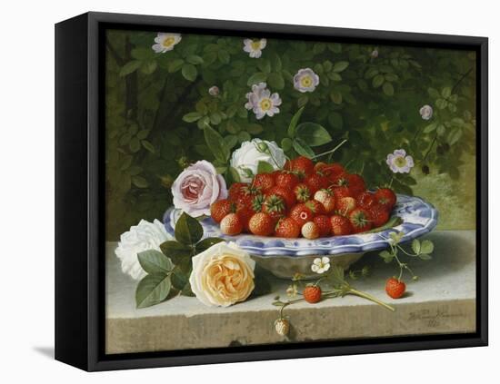 Strawberries in a Blue and White Buckelteller with Roses and Sweet Briar on a Ledge-William Hammer-Framed Stretched Canvas