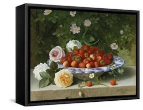 Strawberries in a Blue and White Buckelteller with Roses and Sweet Briar on a Ledge-William Hammer-Framed Stretched Canvas