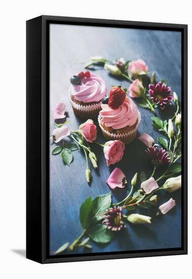 Strawberry Cupcakes with Flowers-Dina Belenko-Framed Stretched Canvas