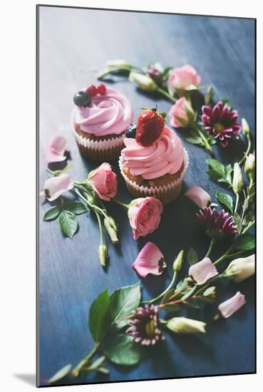 Strawberry Cupcakes with Flowers-Dina Belenko-Mounted Photographic Print